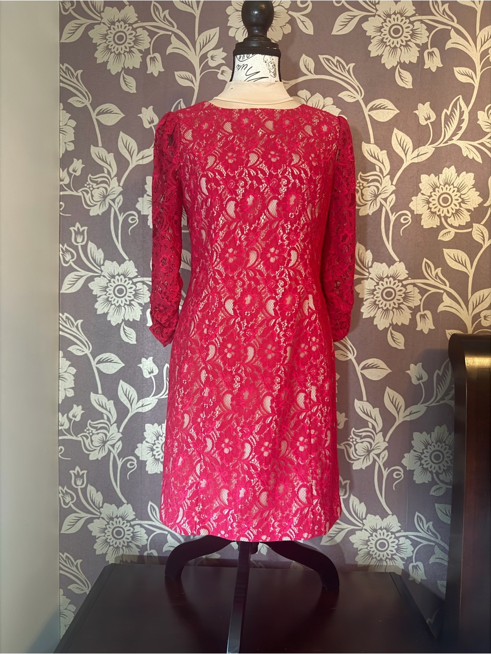 Aqua Women's Reddish/Fuchsia Lace Tan Lining Sheath Dress - Size 6